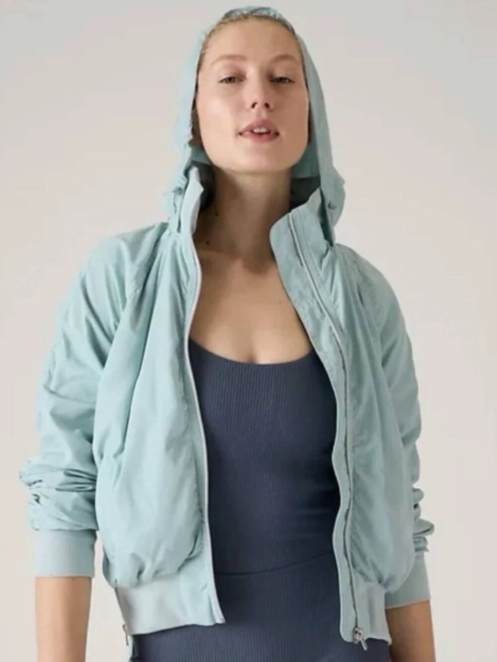 Athleta Jetset Bomber, Light Blue, Water Repellent, Stowaway Hood, XXS- Like New